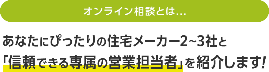 オンライン相談とは...あなたにぴったりの住宅メーカー2〜3社と「信頼できる専属の営業担当者」を紹介します