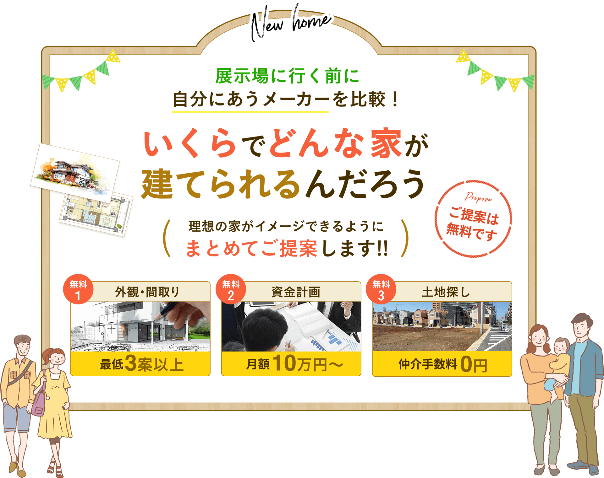 はじめて注文住宅を建てるの方へ。いくらでどんな家が建てられるんだろう。理想の家がイメージできるように、まとめてご提案します。