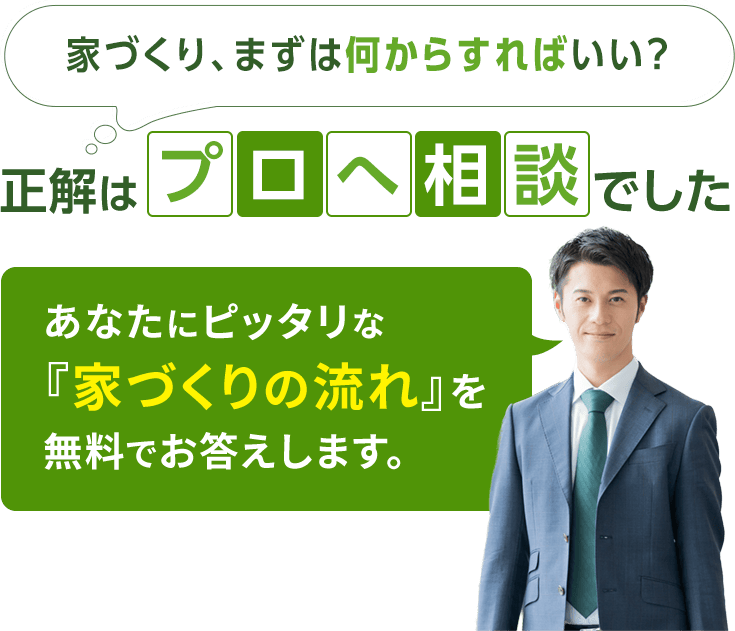 家づくり、まずは何からすればいい。正解はプロへの相談でした。あなたにピッタリな 『家づくりの流れ』を 無料でお答えします。