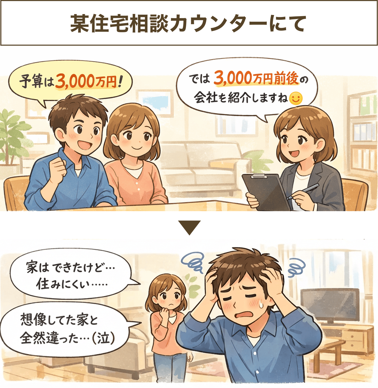 某住宅相談カウンターにて予算だけで選んで失敗したイメージ