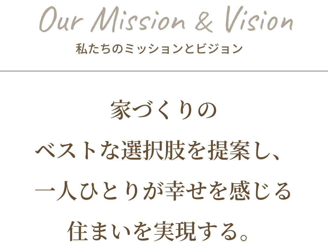 私たちのミッションとビジョン。家づくりのベストな選択肢を提案し、一人ひとりが幸せを感じる住まいを実現する。