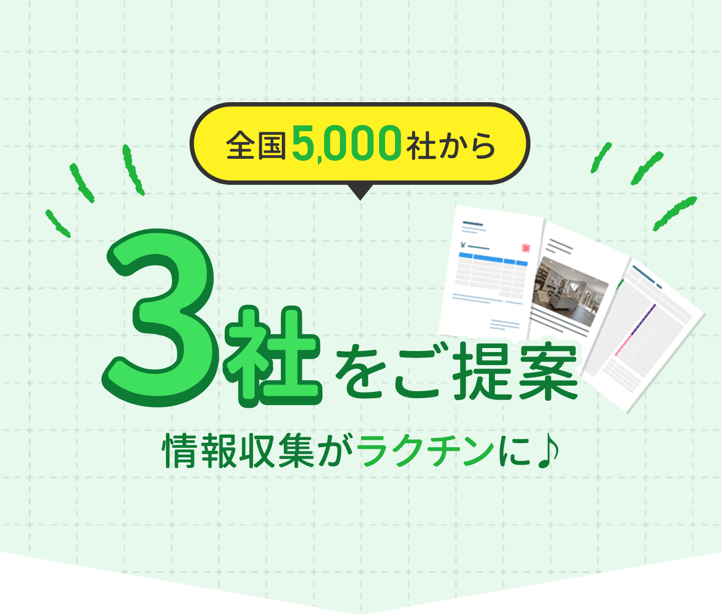 全国5,000社から3社をご提案。情報収集がラクチンに。
