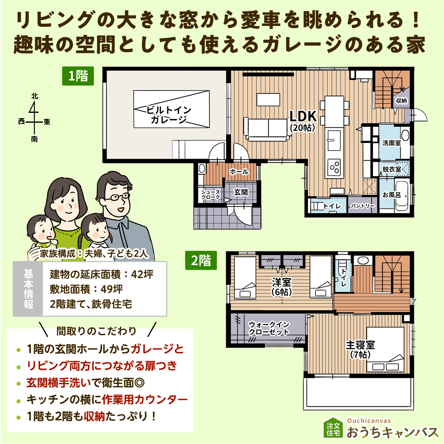 リビングの大きな窓から愛車を眺められる！趣味の空間としても使えるガレージのある家