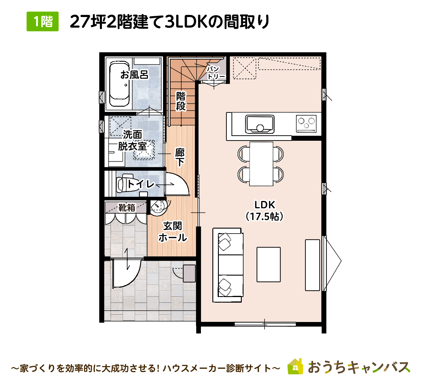 27坪2階建て3LDK1階の間取り