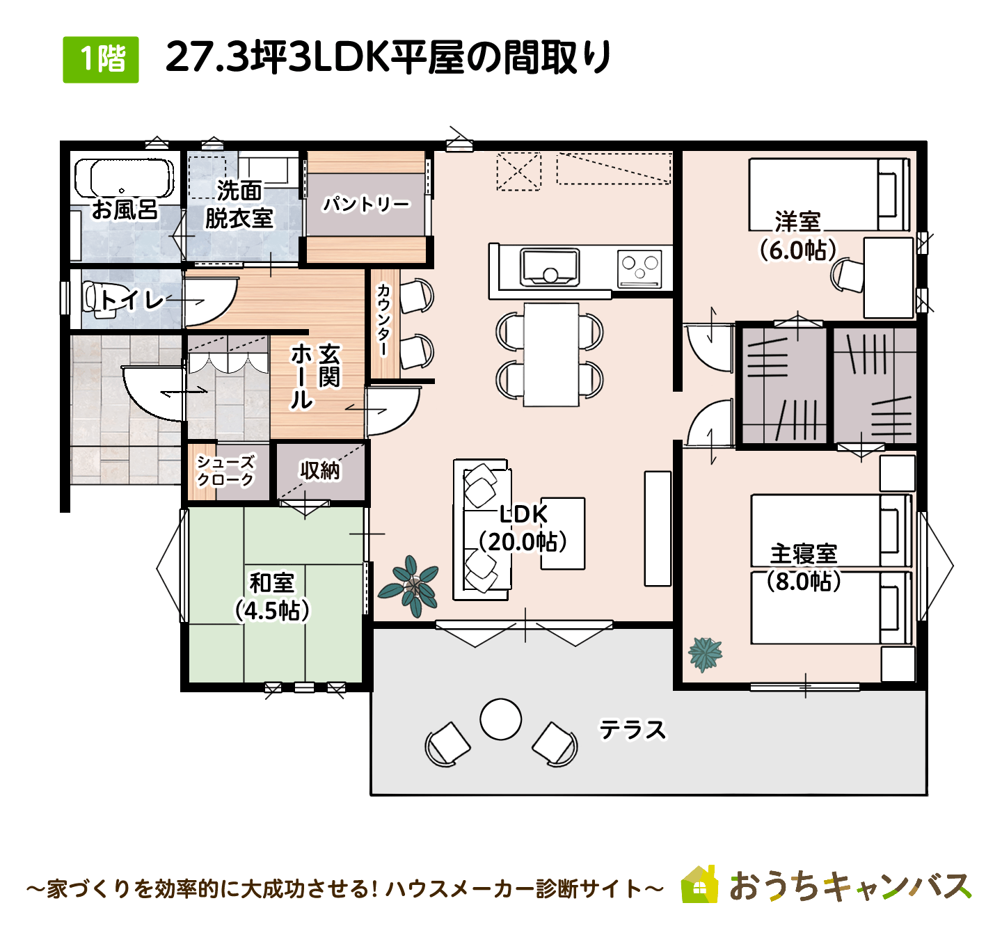 27.3坪3LDK平屋の間取り