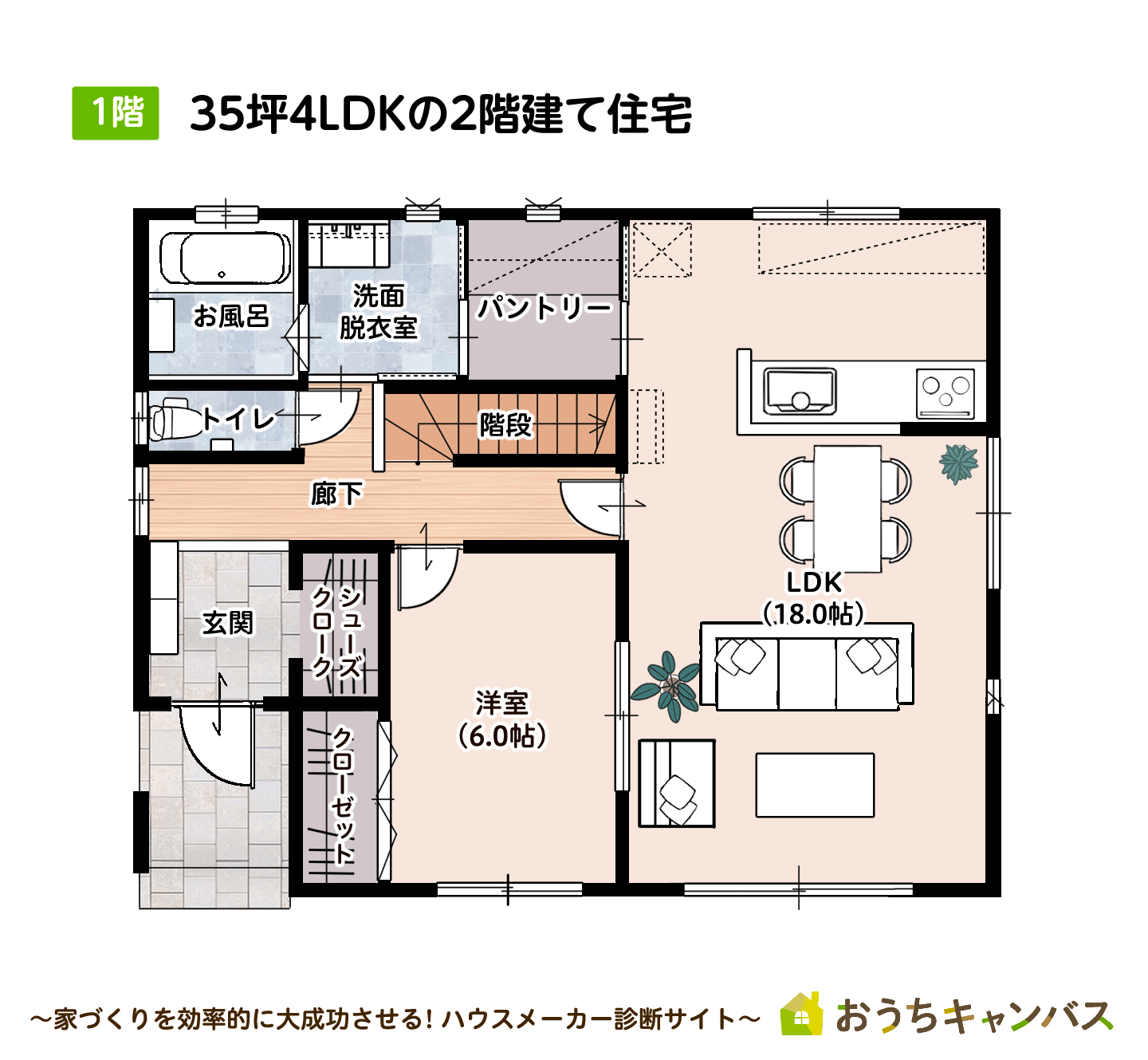 35坪4LDK2階建て1階の間取り