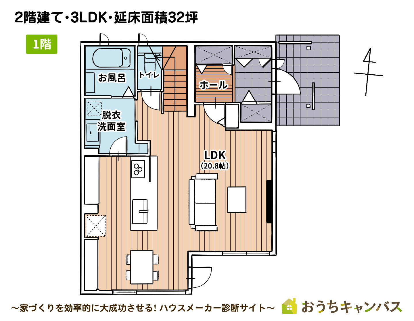 2階建て3LDK延床面積32坪の1階の間取り