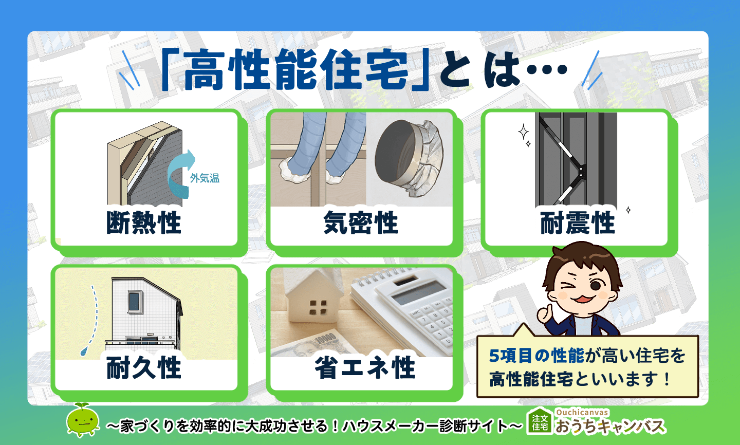 高性能住宅とは「断熱性」「気密性」「耐震性」「耐久性」「省エネ性」が高い家