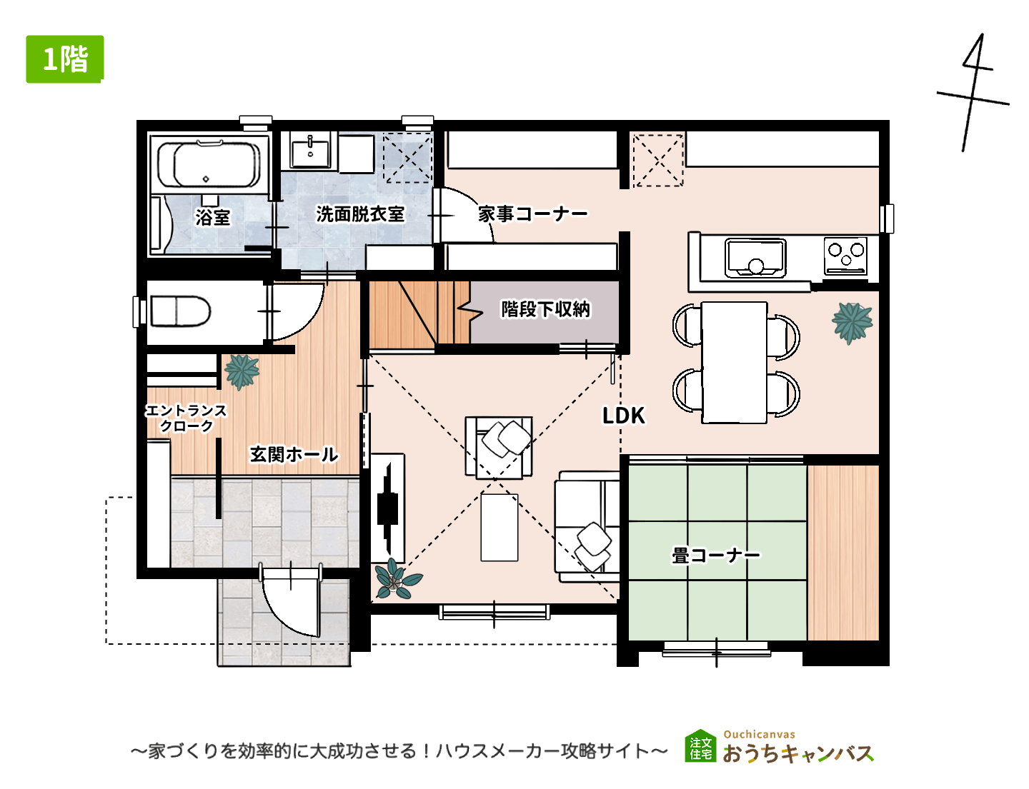 日本ハウスHD匠の業クレステージ28の2階建て35.8坪の1階の間取り