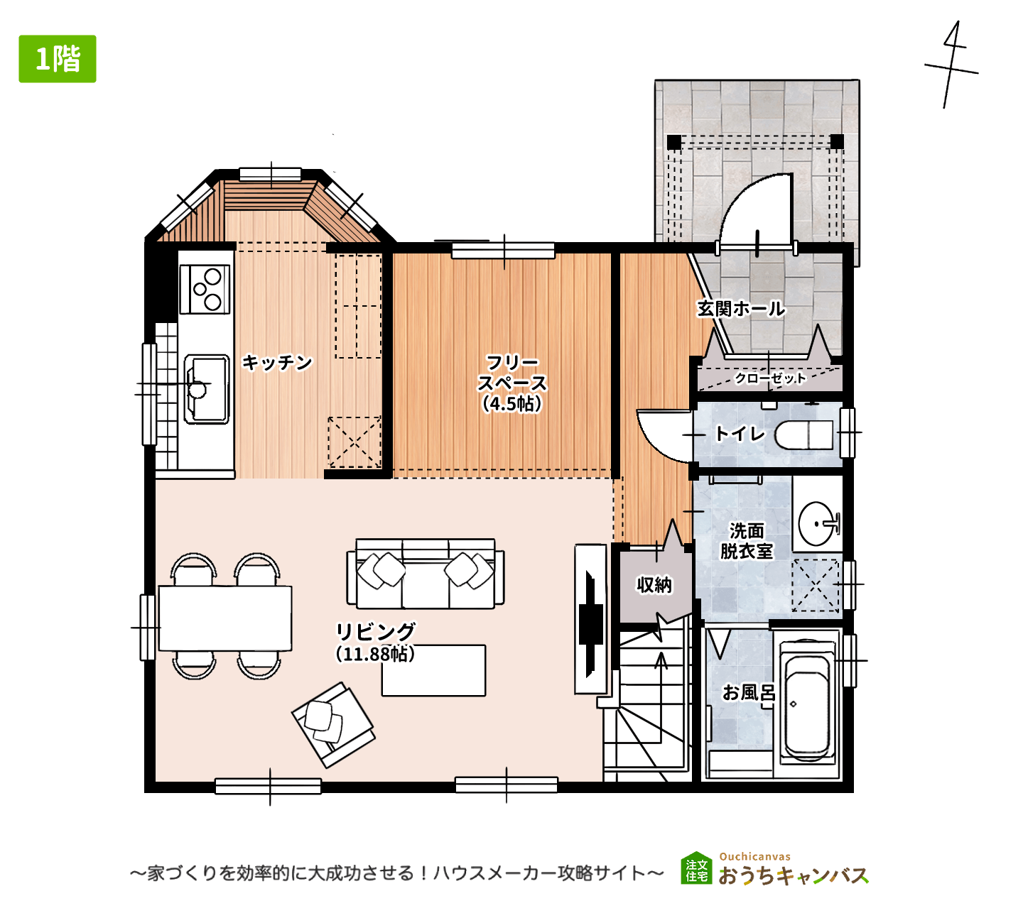 32坪2階建て4LDKの1階の間取り参考