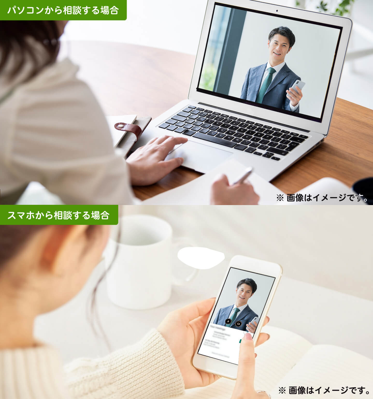 パソコン、スマホから相談する場合のイメージ