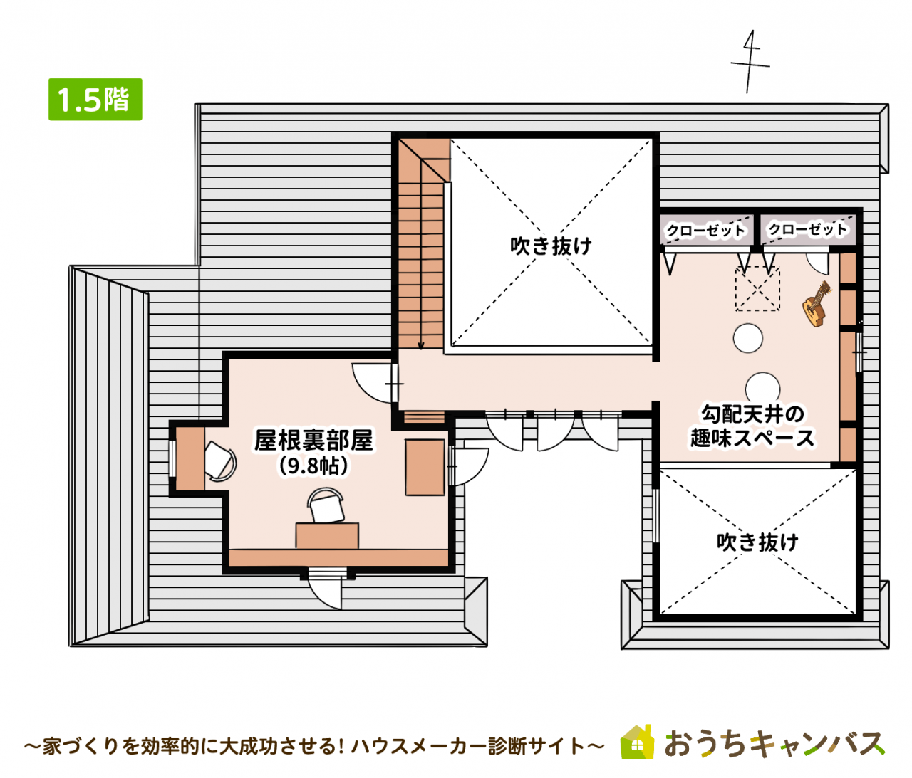 平屋+屋根裏空間・延床面積40.06坪1.5階の間取り