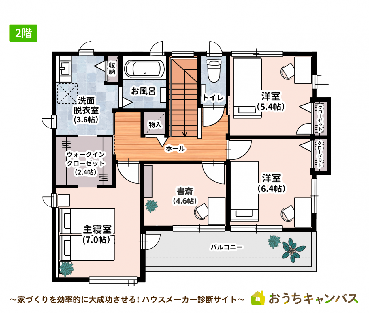 4LDK・2階建て・延床面積40坪の2階の間取り
