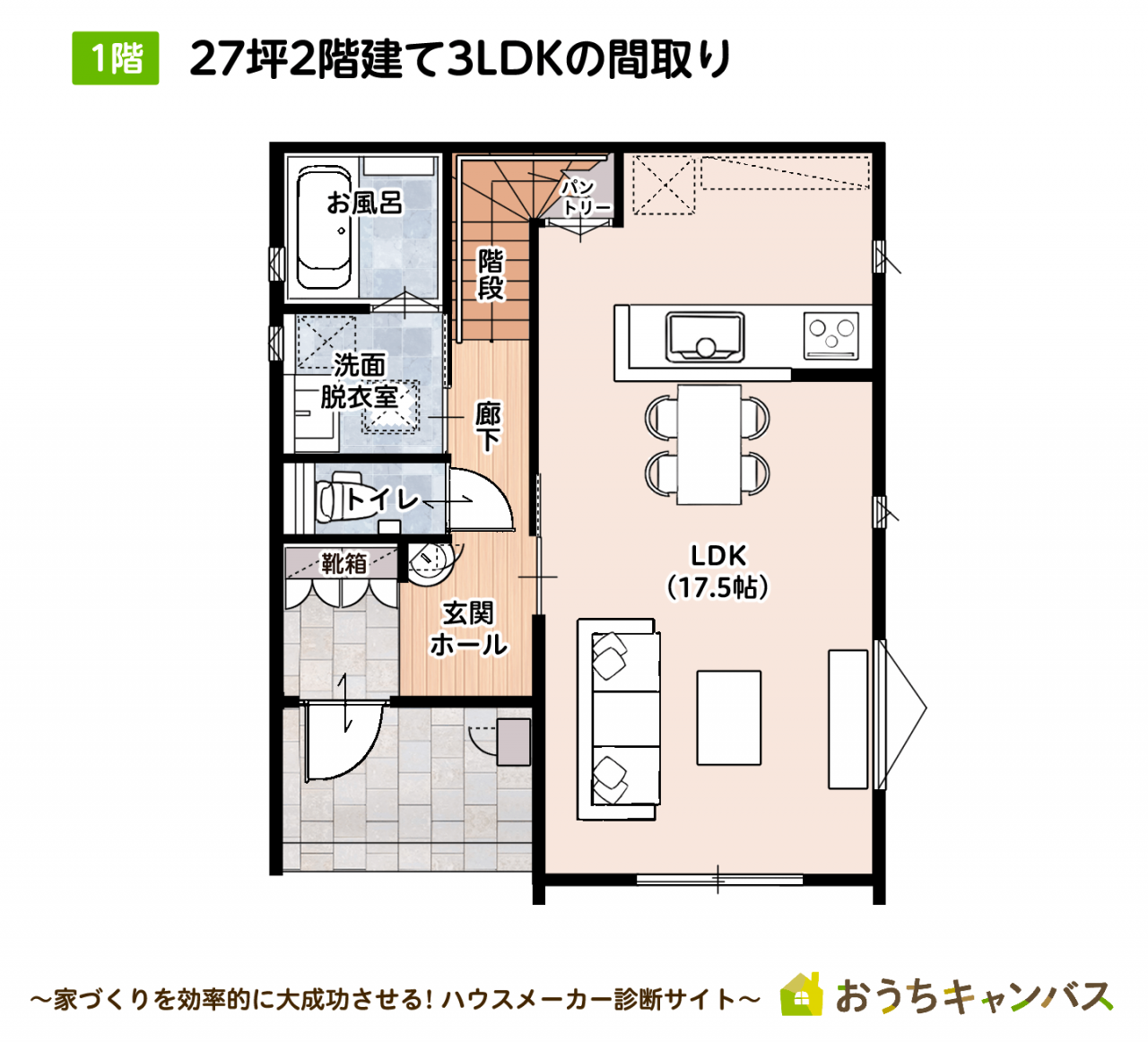 27坪2階建て3LDK1階の間取り