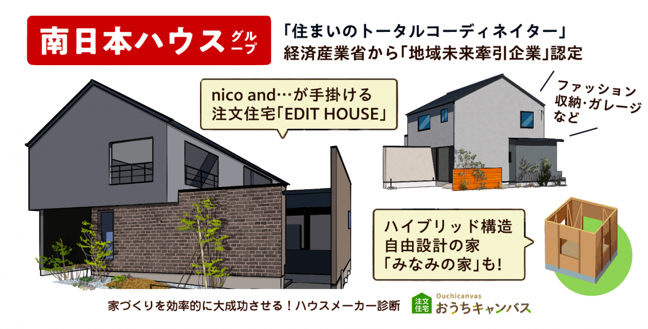 南日本ハウスグループ｜「住まいのトータルコーディネイター」 経済産業省から「地域未来牽引企業」認定｜nico and…が手掛ける 注文住宅「EDIT HOUSE」ファッション 収納・ガレージ など｜ハイブリッド構造 自由設計の家 「みなみの家」も!