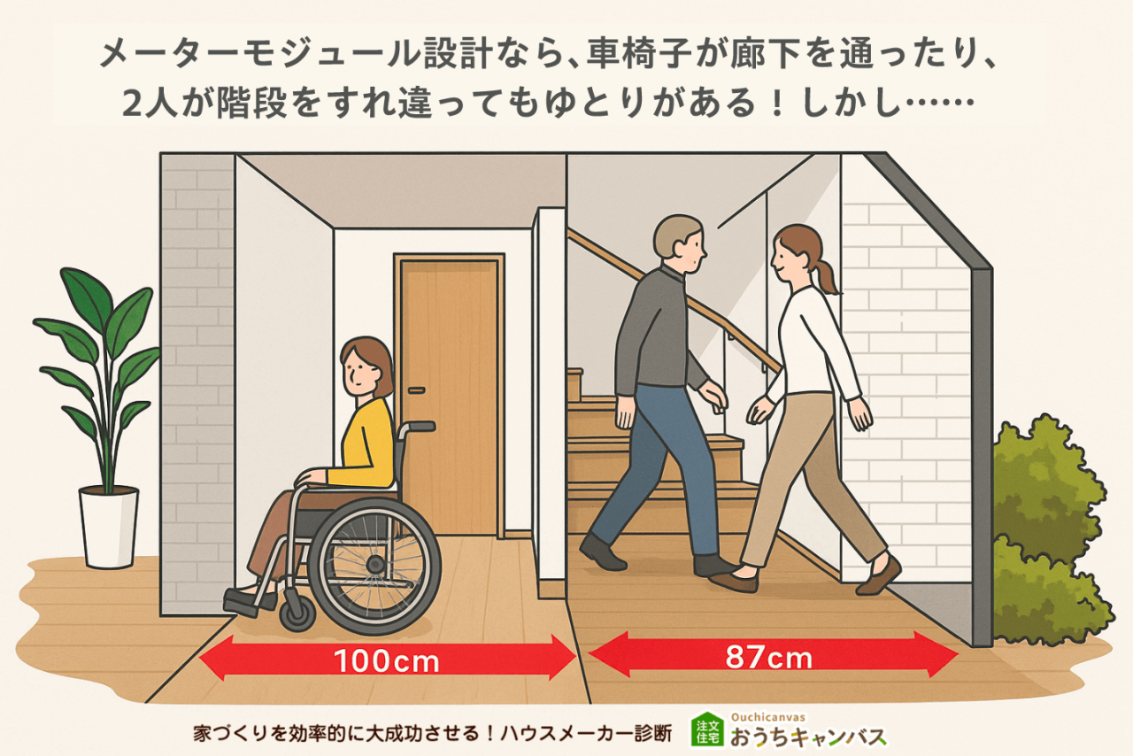 メーターモジュール設計なら、車椅子が廊下を通ったり、2人が階段をすれ違ってもゆとりがある!しかし……
